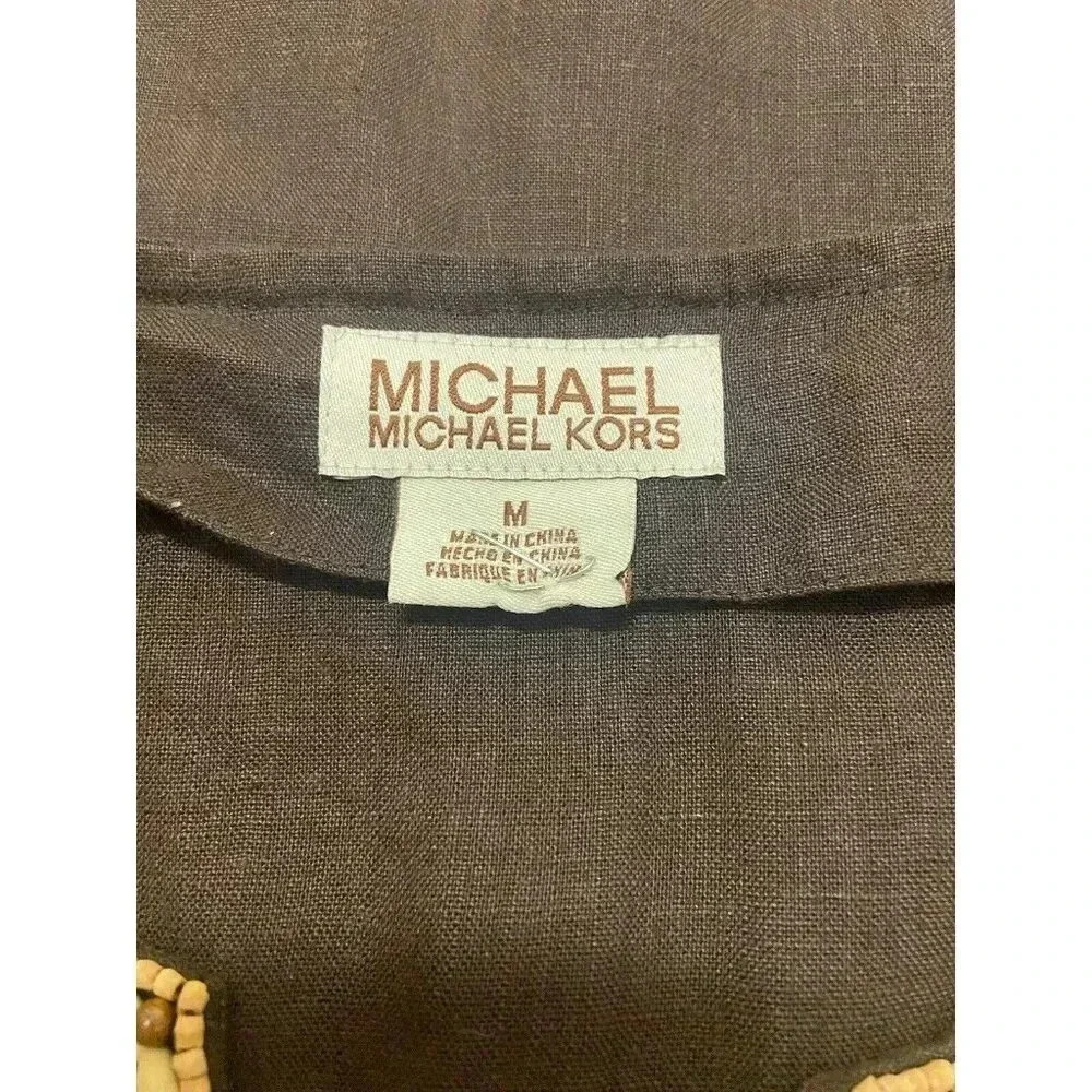Michael Kors Large Tunic Top Blouse Brown Linen Wooden Beaded Embroidered Size M - Picture 6 of 8